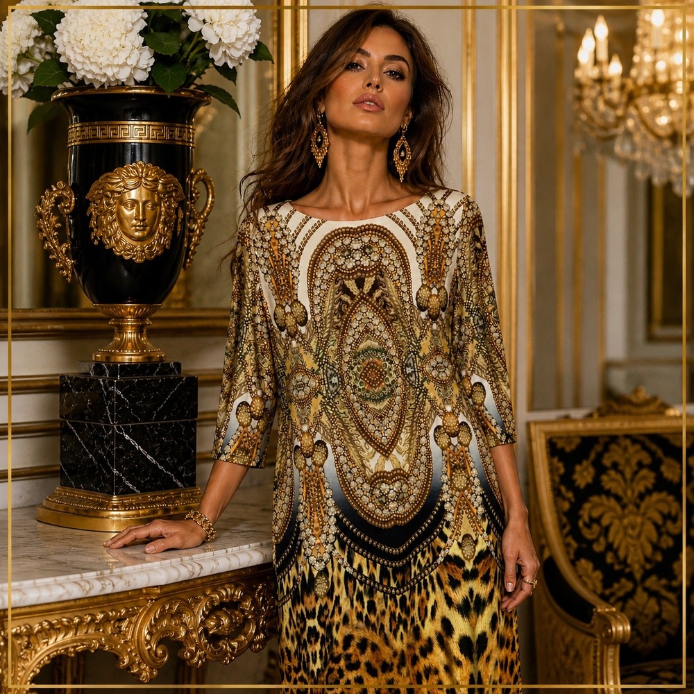 Chicos Baroque Leopard Print Dress Size 2 L Luxury Gold Chain Medallion NWT